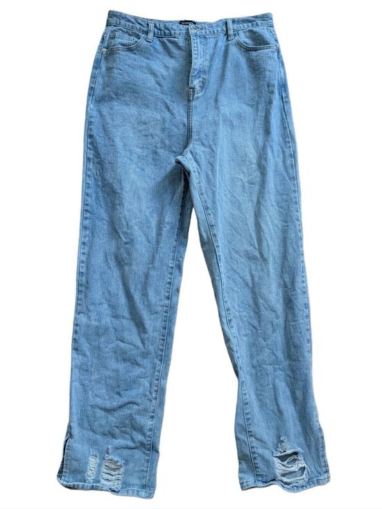 PrettyLittleThing Denim - Prettylittlething Women Light Blue Distress Split Hem Straight Leg Jean Size 12
